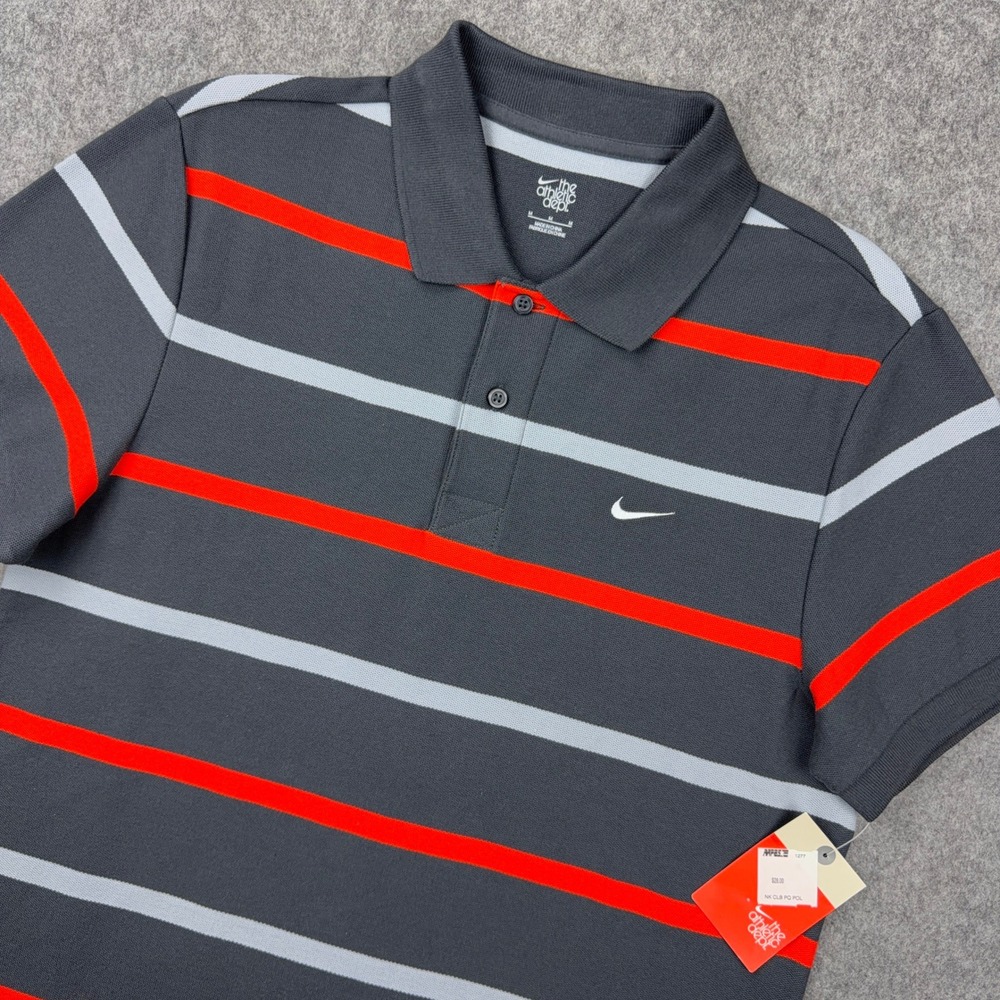 Nike Golf Polo Shirt Mens Medium Gray Orange Striped Pique Athletic Casual NWT